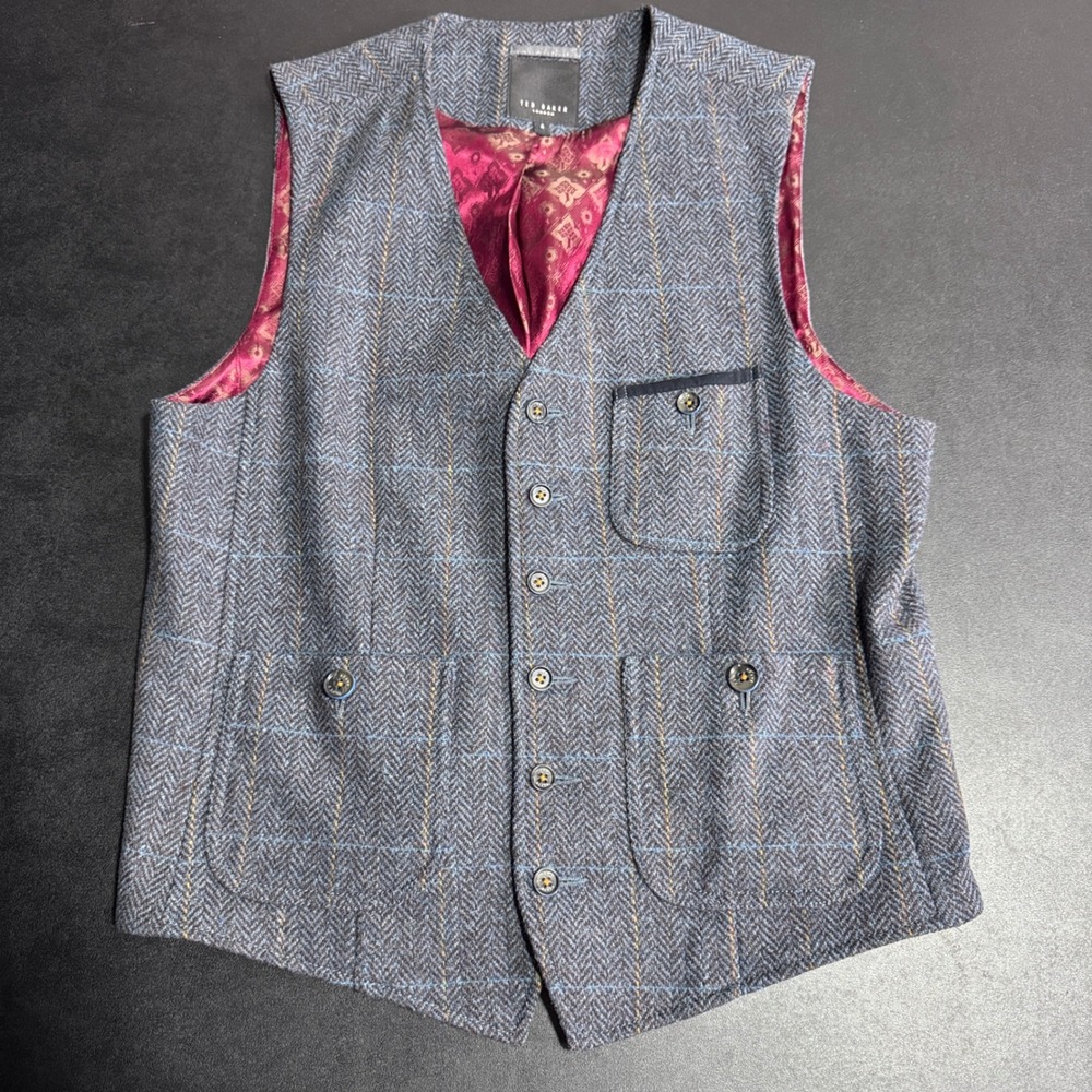 Ted Baker Waistcoat Vest Mens 4 Large Blue Herringbone Tweed Windowpane Check